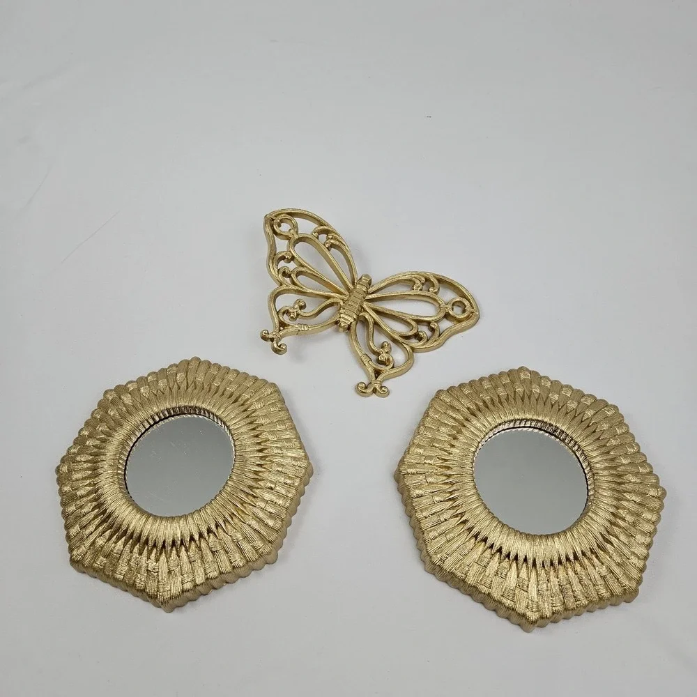 Vintage Butterfly Mirror Wall Decor Set of 3 Gold Rattan Look 1978 Syroco